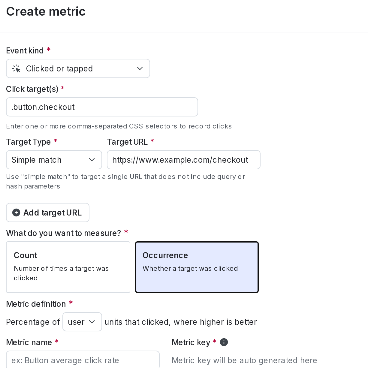 The "Create metric" dialog for a new click conversion metric.
