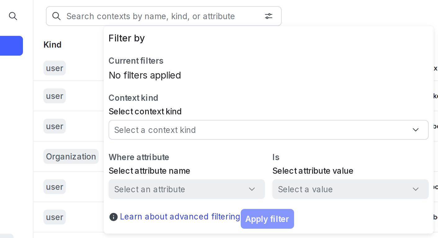 The "Filter by" dialog on the "Contexts" list.
