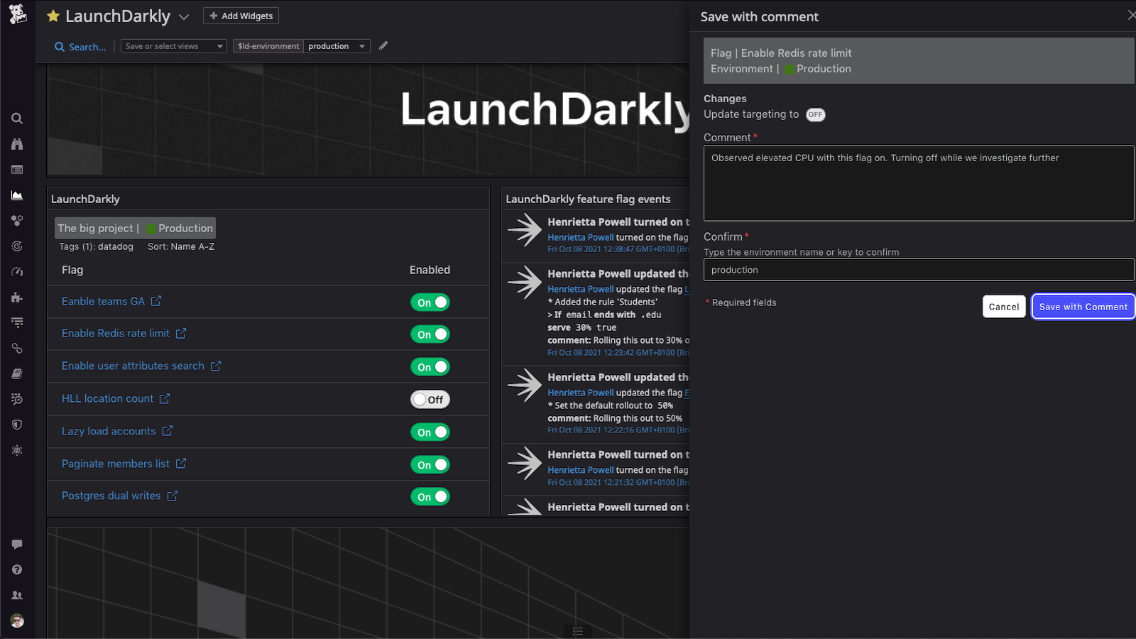 The "Save with comment" dialog for making flag changes within the Datadog dashboard widget.
