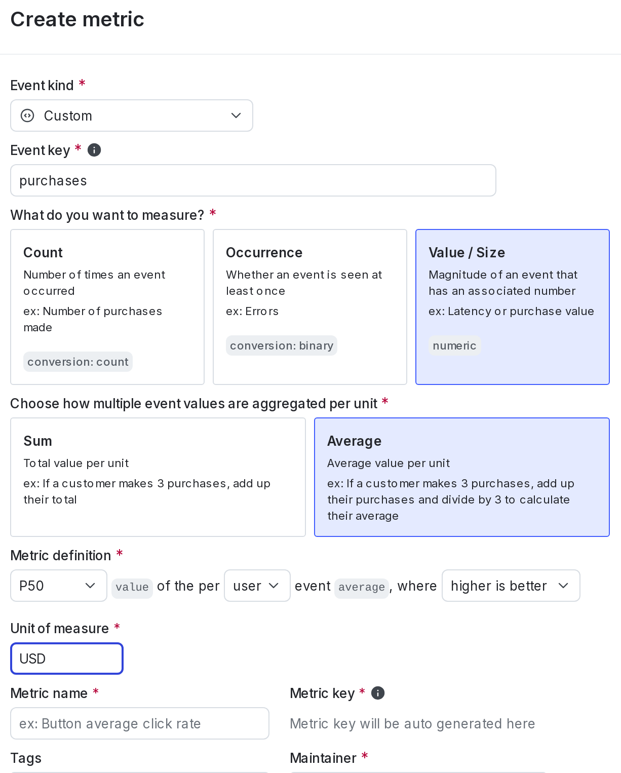 The metric creation dialog.