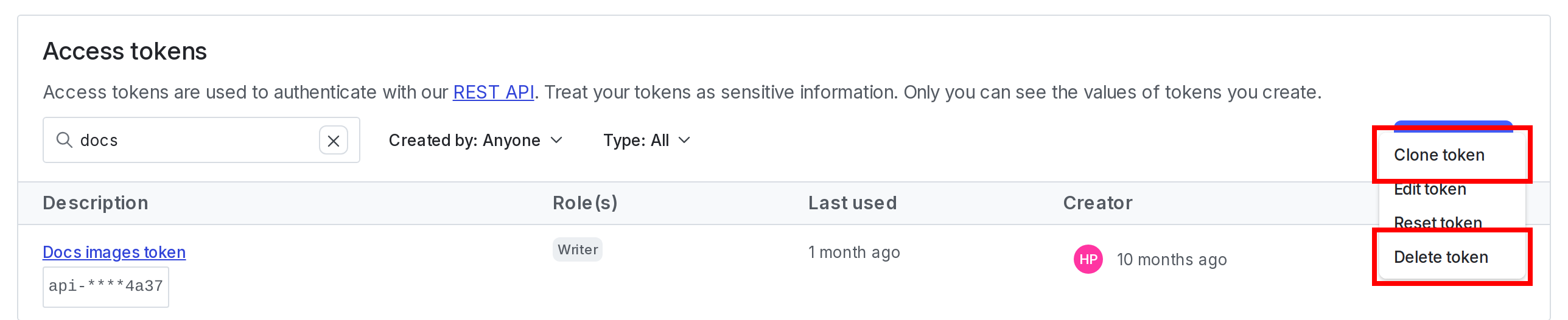 A new access token with the "Clone token" and "Delete token" options called out.
