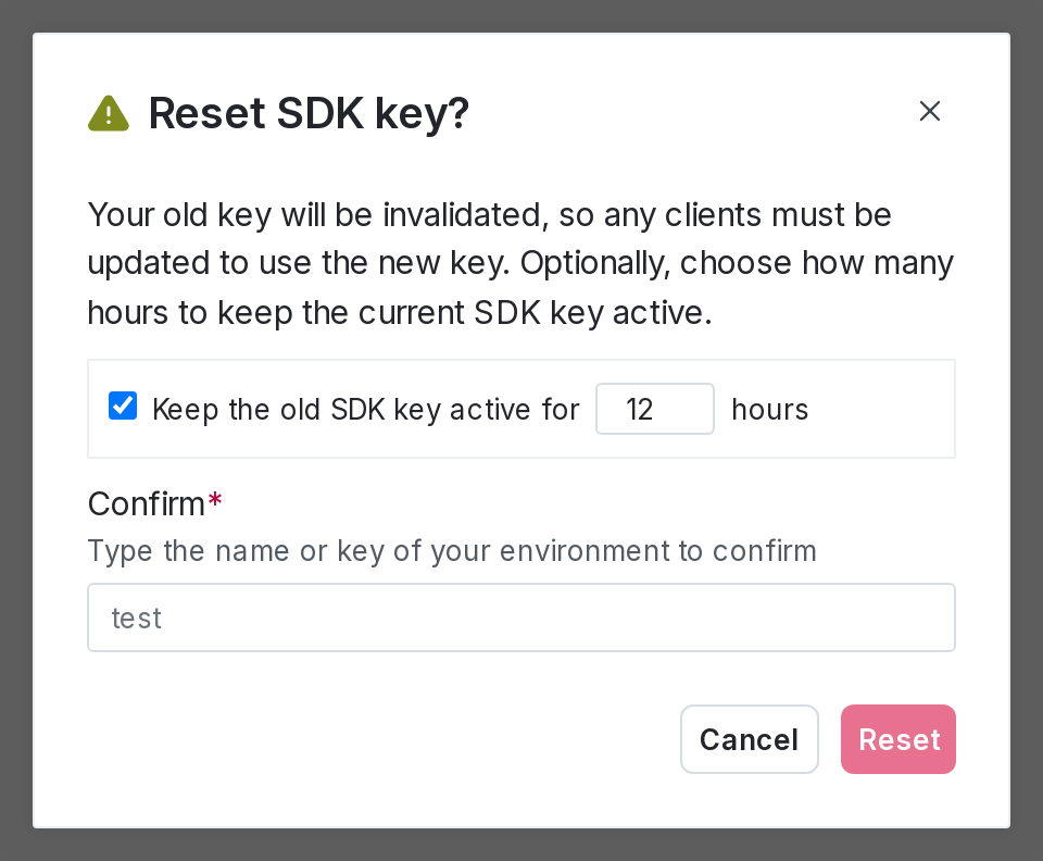 The SDK key reset dialog.