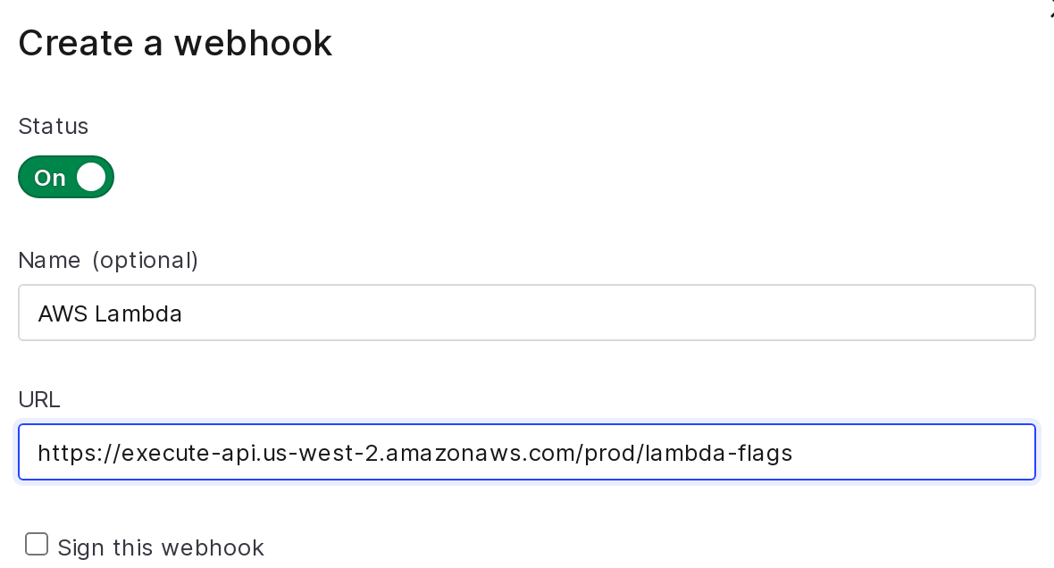 Creation of a LaunchDarkly webhook which sends flag updates to a Lambda function.