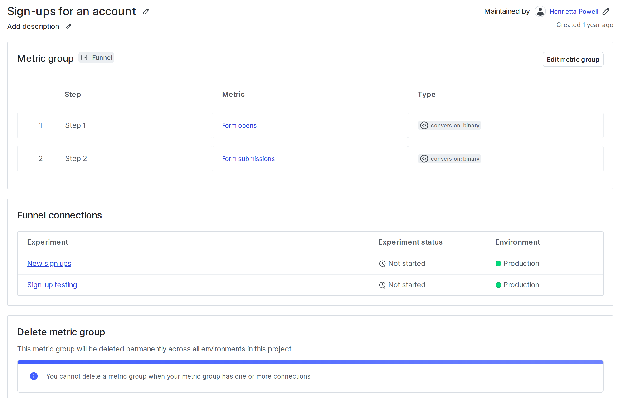 A metric group details page.