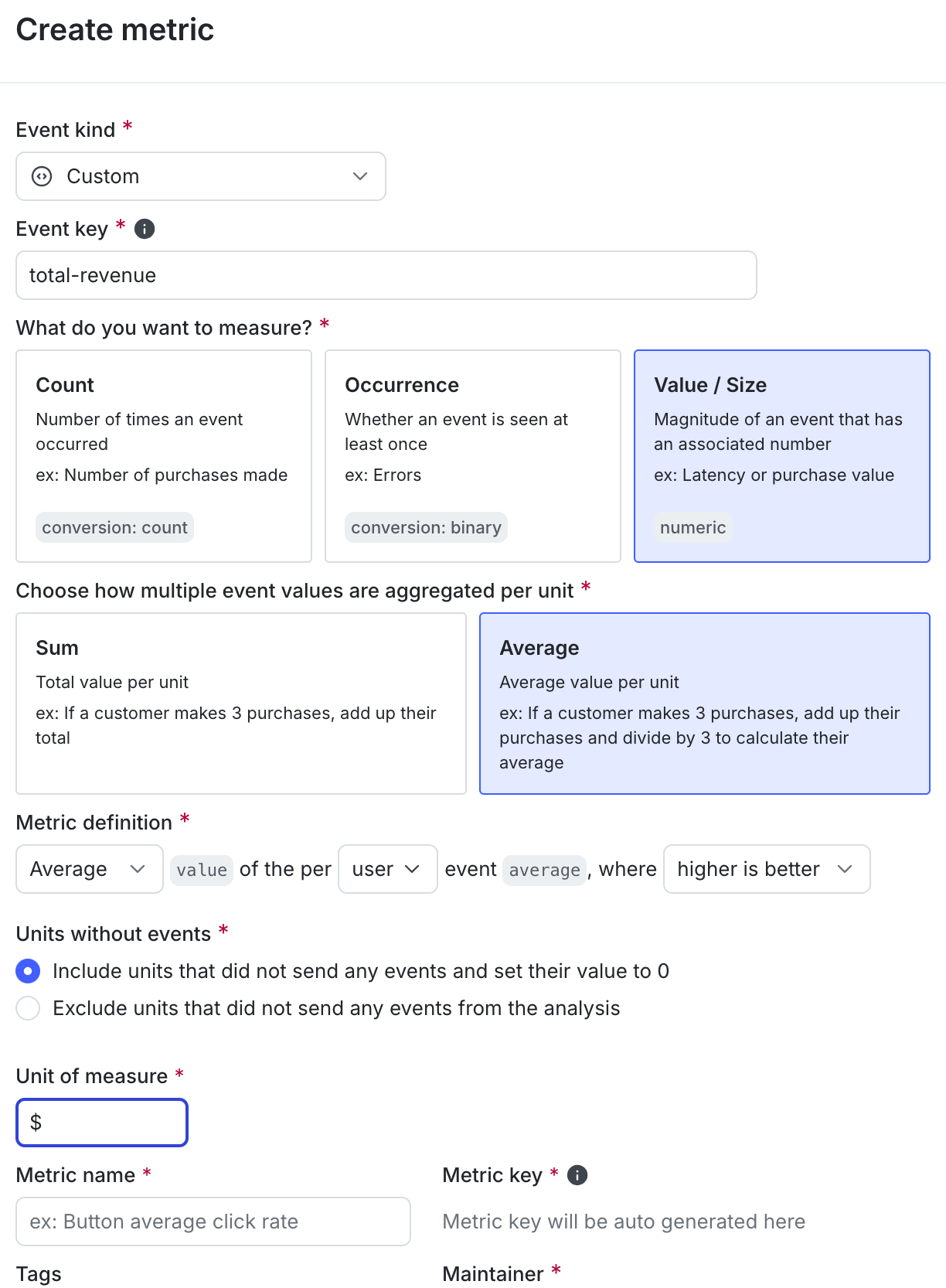The "Create metric" dialog for a custom numeric metric.