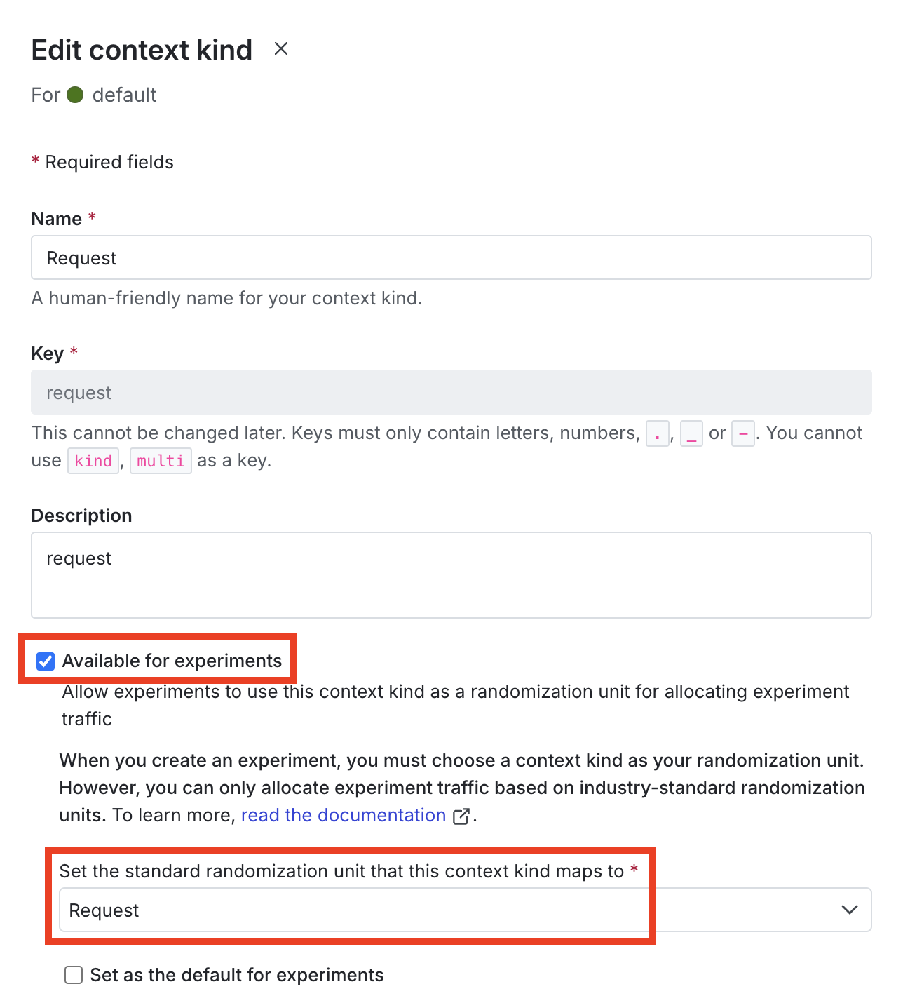 The "New context kind" dialog with the "Available for experiments" checkbox and randomization unit mapping field called out.