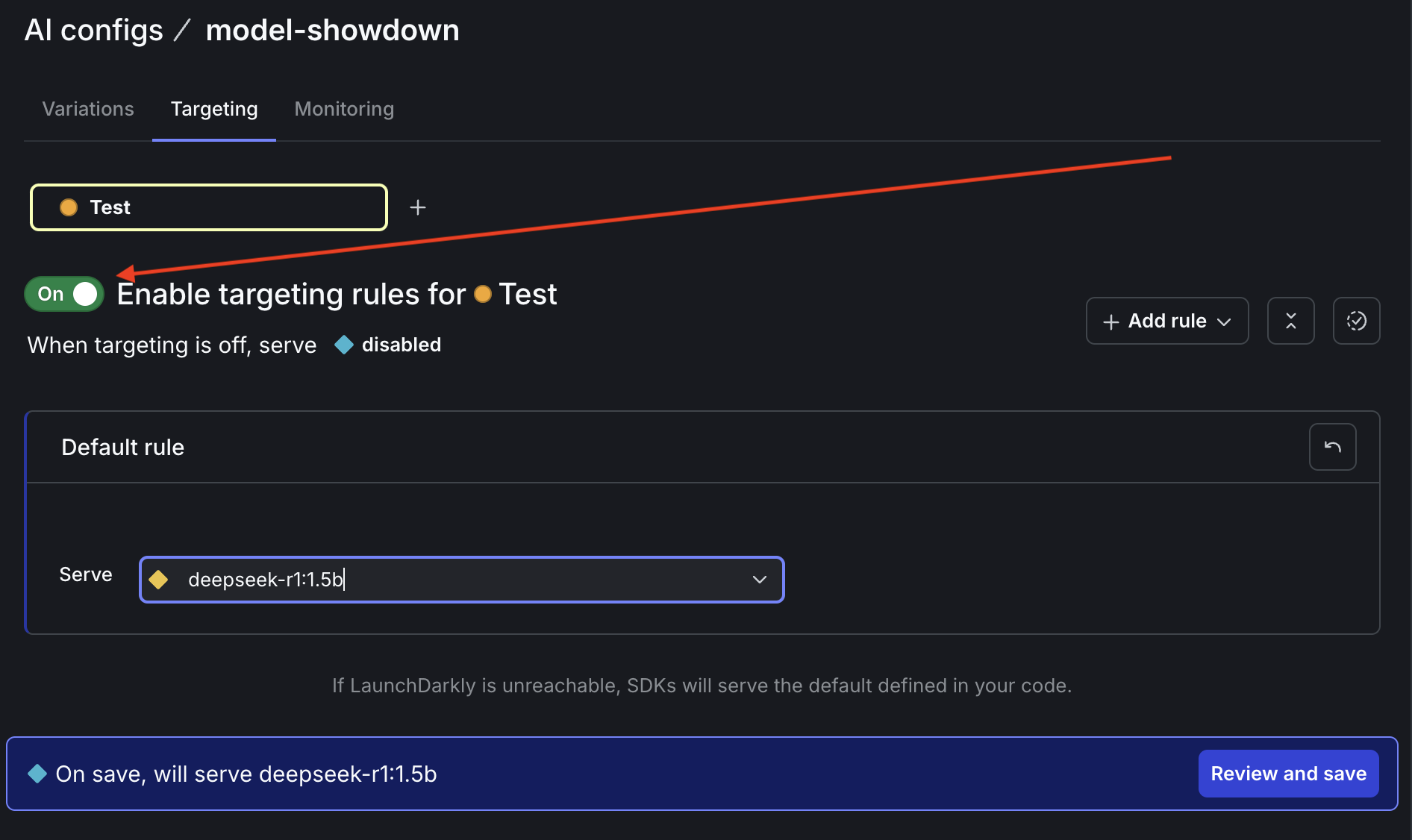 How to target and serve AI Config variations in the LaunchDarkly UI.