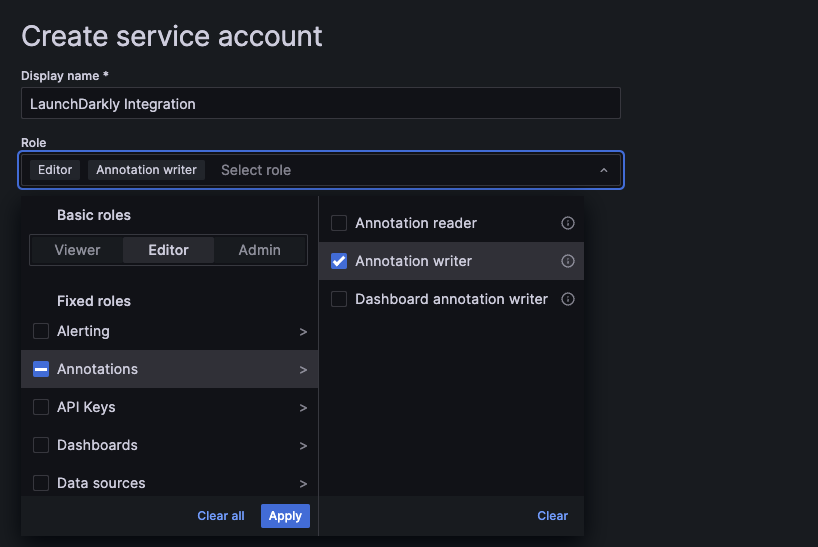 The "Create service account" page with the "Annotation writer" role selected.