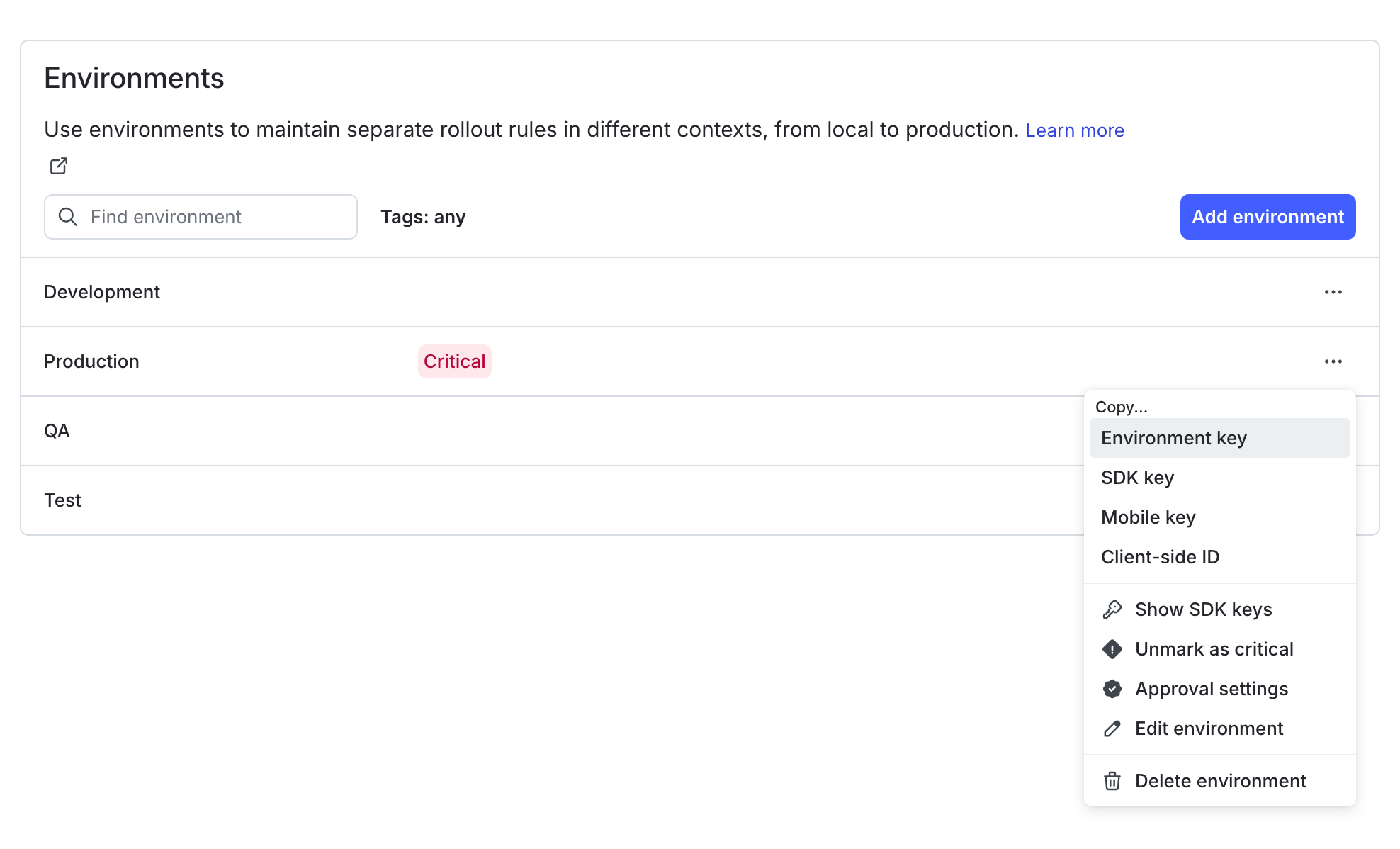 The Environments list with the overflow menu open and the SDK credential options displayed.