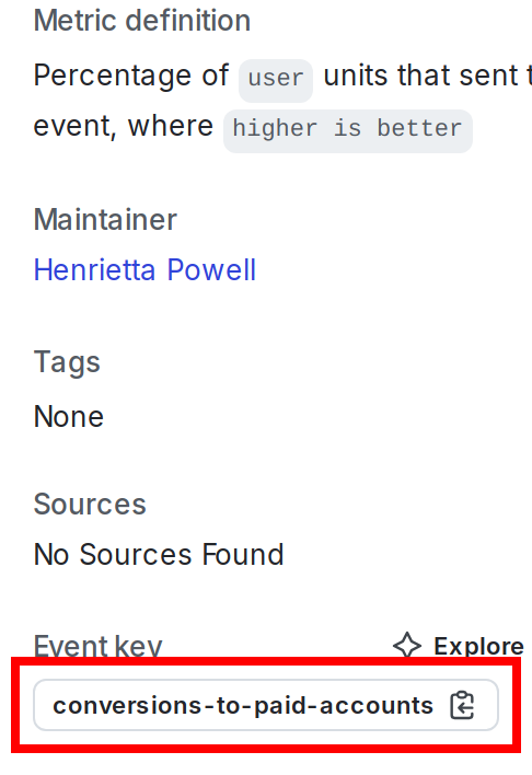A LaunchDarkly custom conversion binary metric with the event key highlighted.