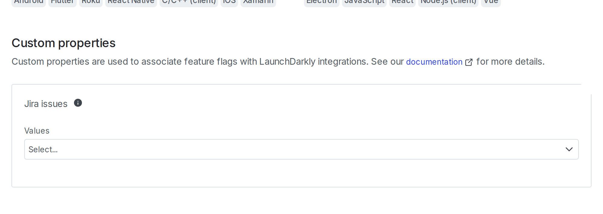 The flag's "Settings" page, configured with a "Jira issues" custom property.