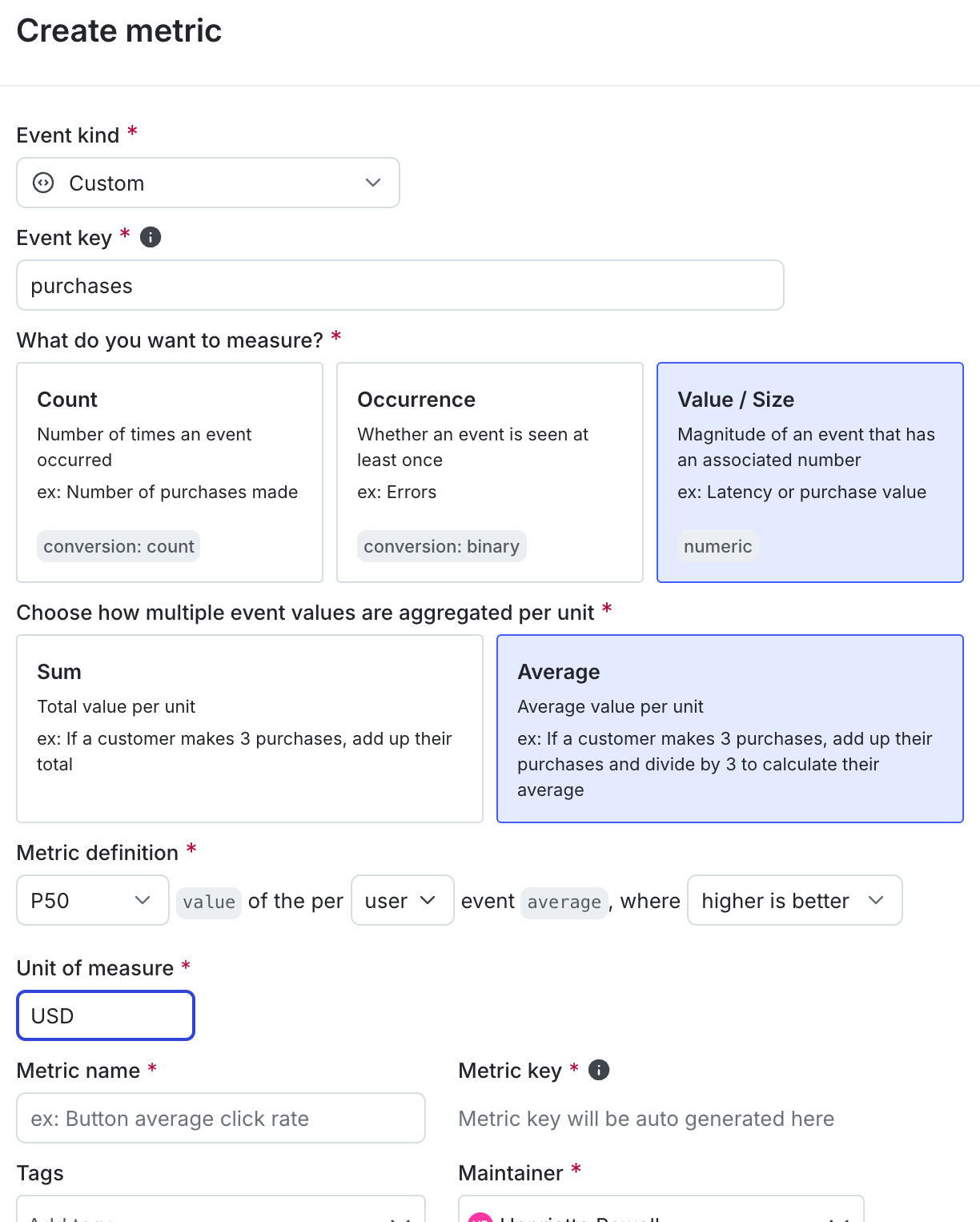 The metric creation dialog.