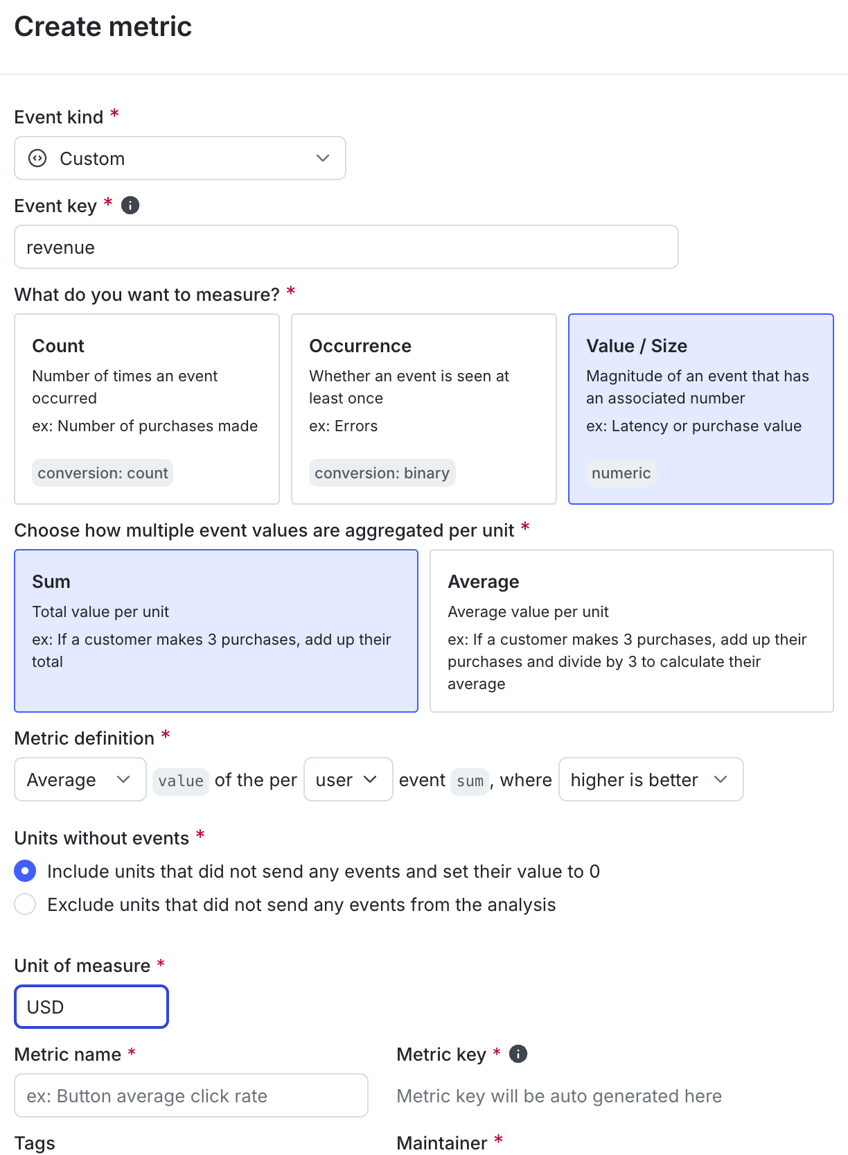 The metric creation dialog.