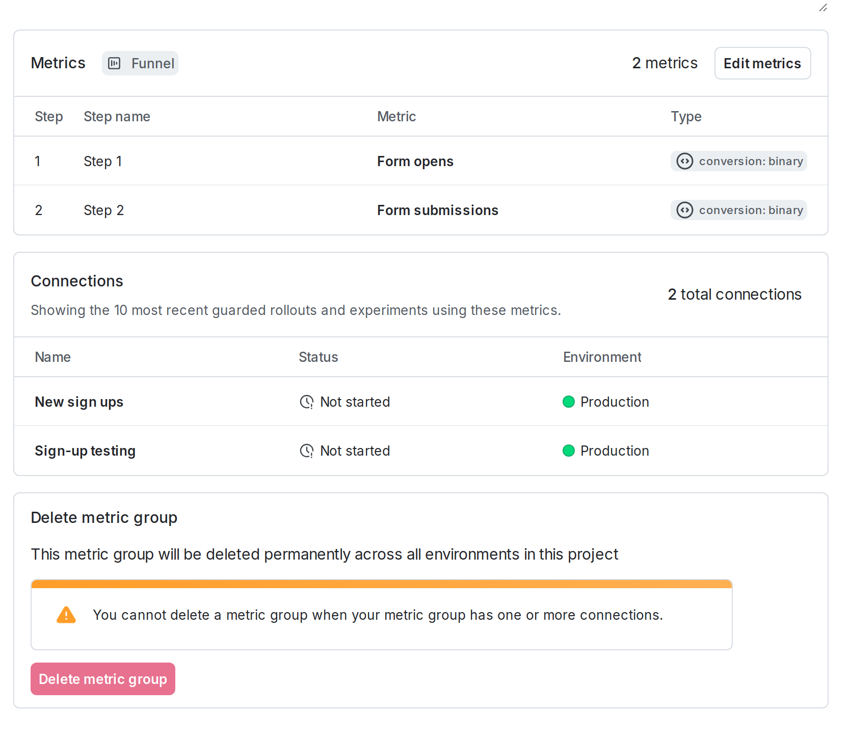 A metric group details page.