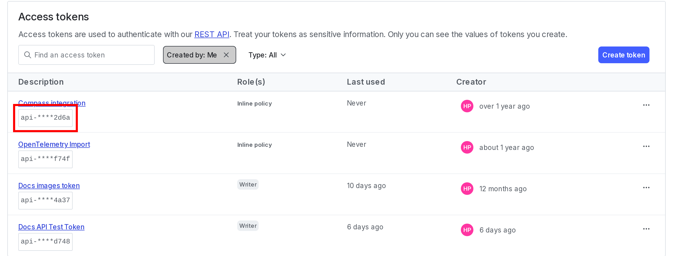 The Access tokens list with an obscured access token called out.