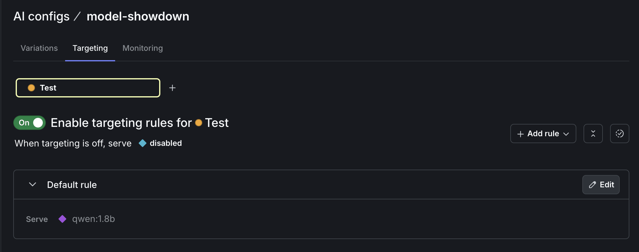 How to serve the Qwen variation with AI Configs, in the LaunchDarkly app UI.