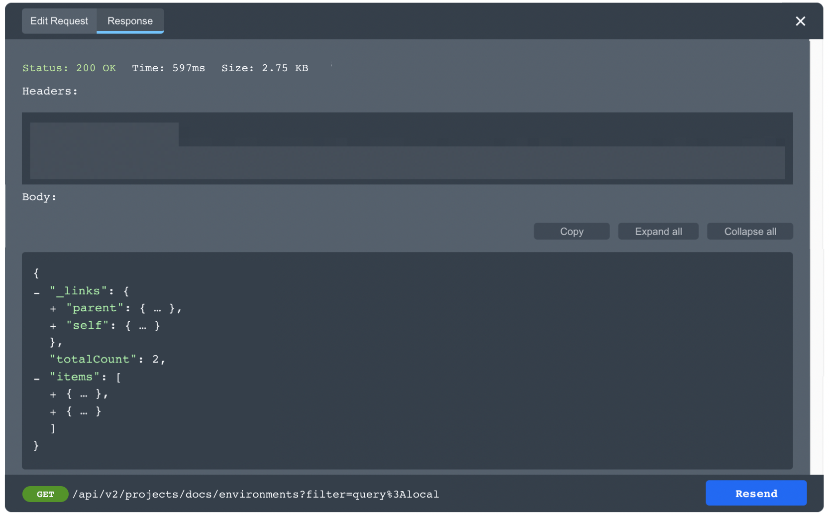 The 200 success code and JSON object response for a GET request placed from the LaunchDarkly API documentation.