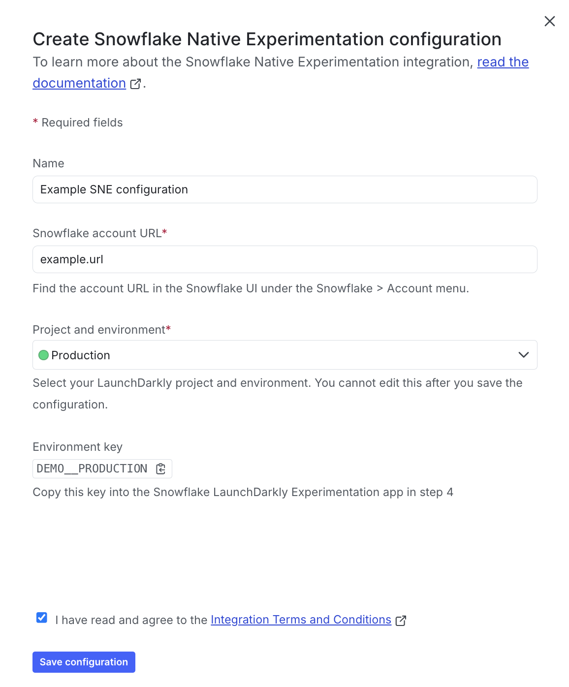 The Snowflake Native Experimentation configuration panel in LaunchDarkly.