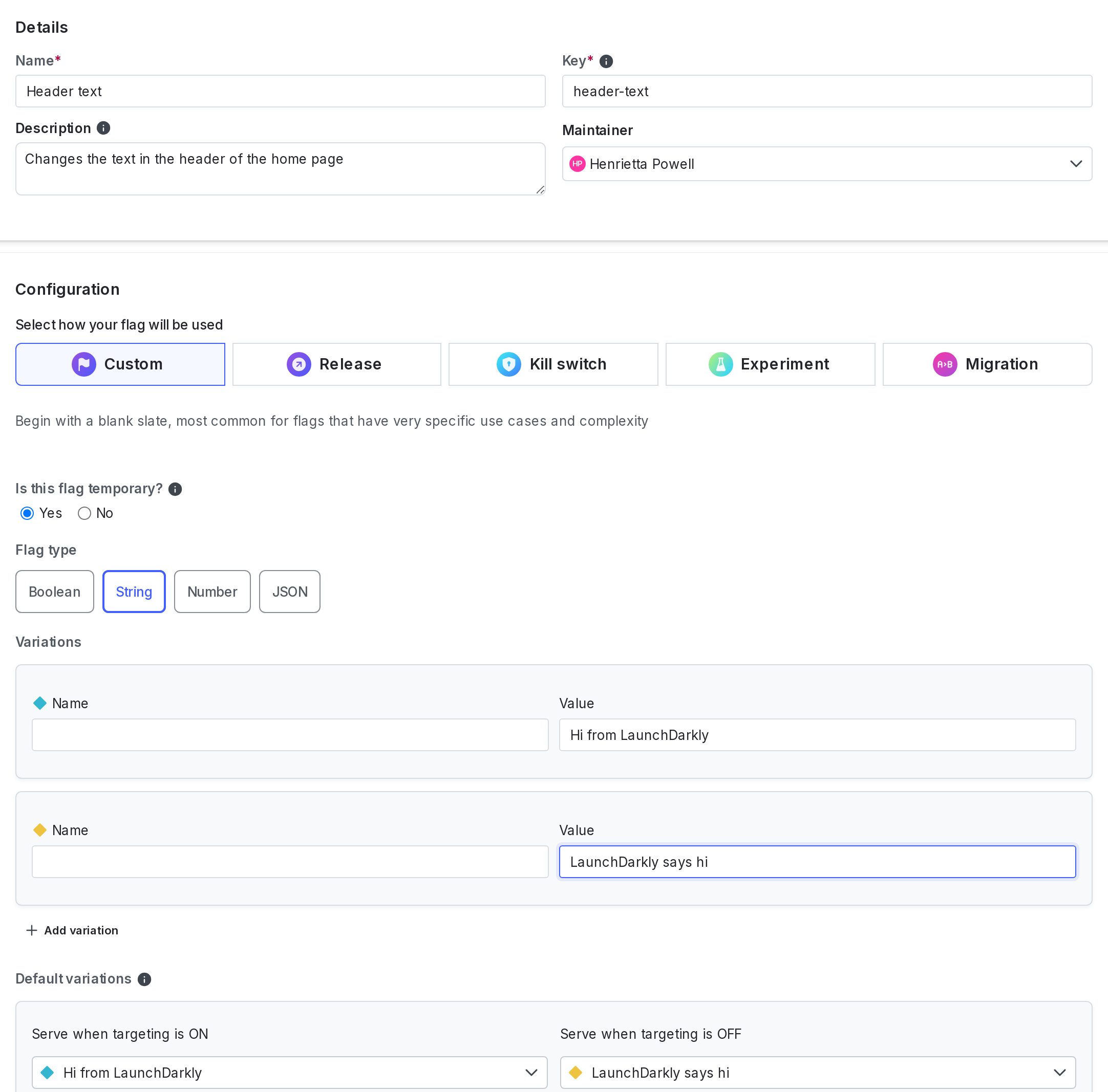 The "Create a feature flag" panel with string flag options chosen.