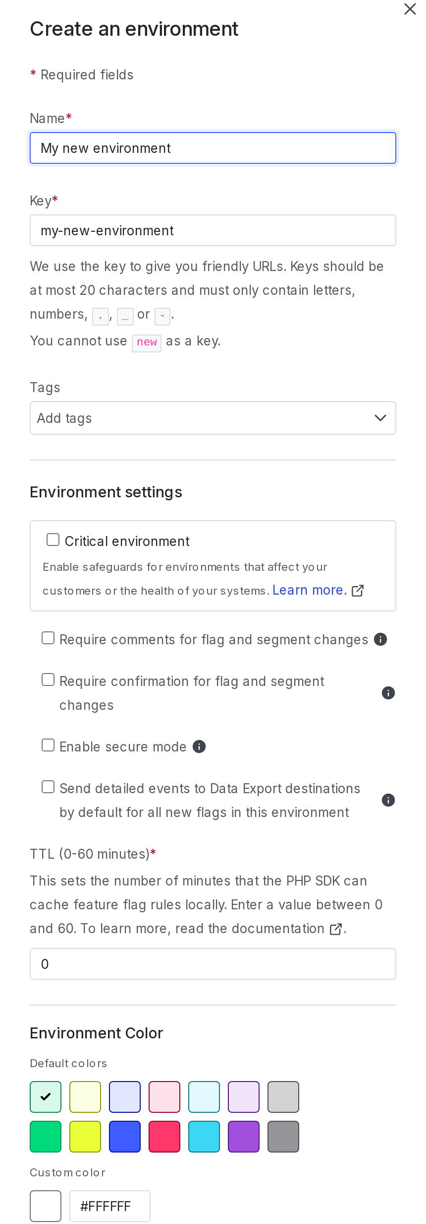 The "Create an environment" panel.