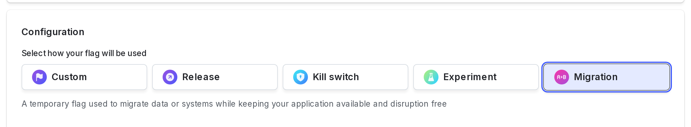 The "Configuration" panel of the flag creation page, with the "Migration" option selected.