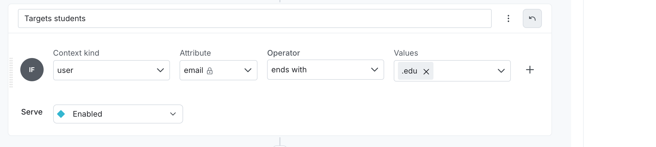 A targeting rule that serves "Available" to all user contexts that contain an "email" attribute with a value that ends in ".edu".