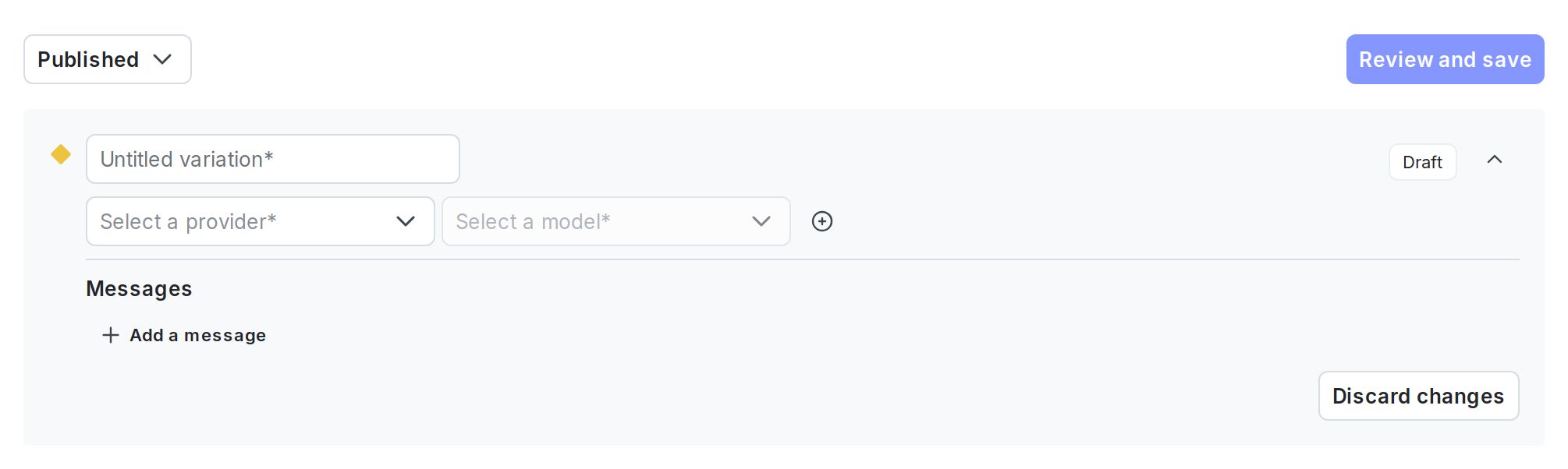 The Variations tab of a newly-created AI Config.