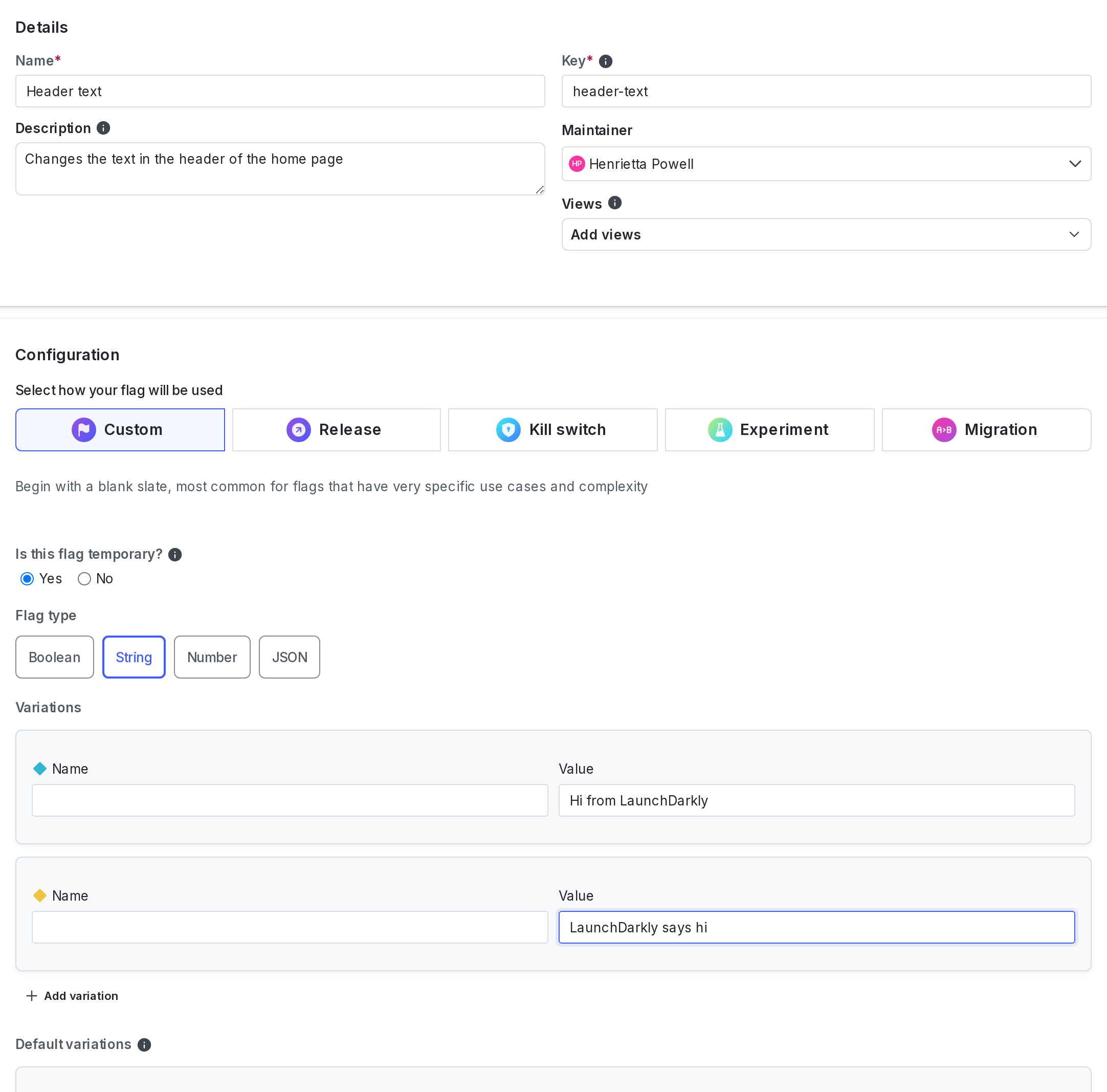 The "Create a feature flag" panel with string flag options chosen.