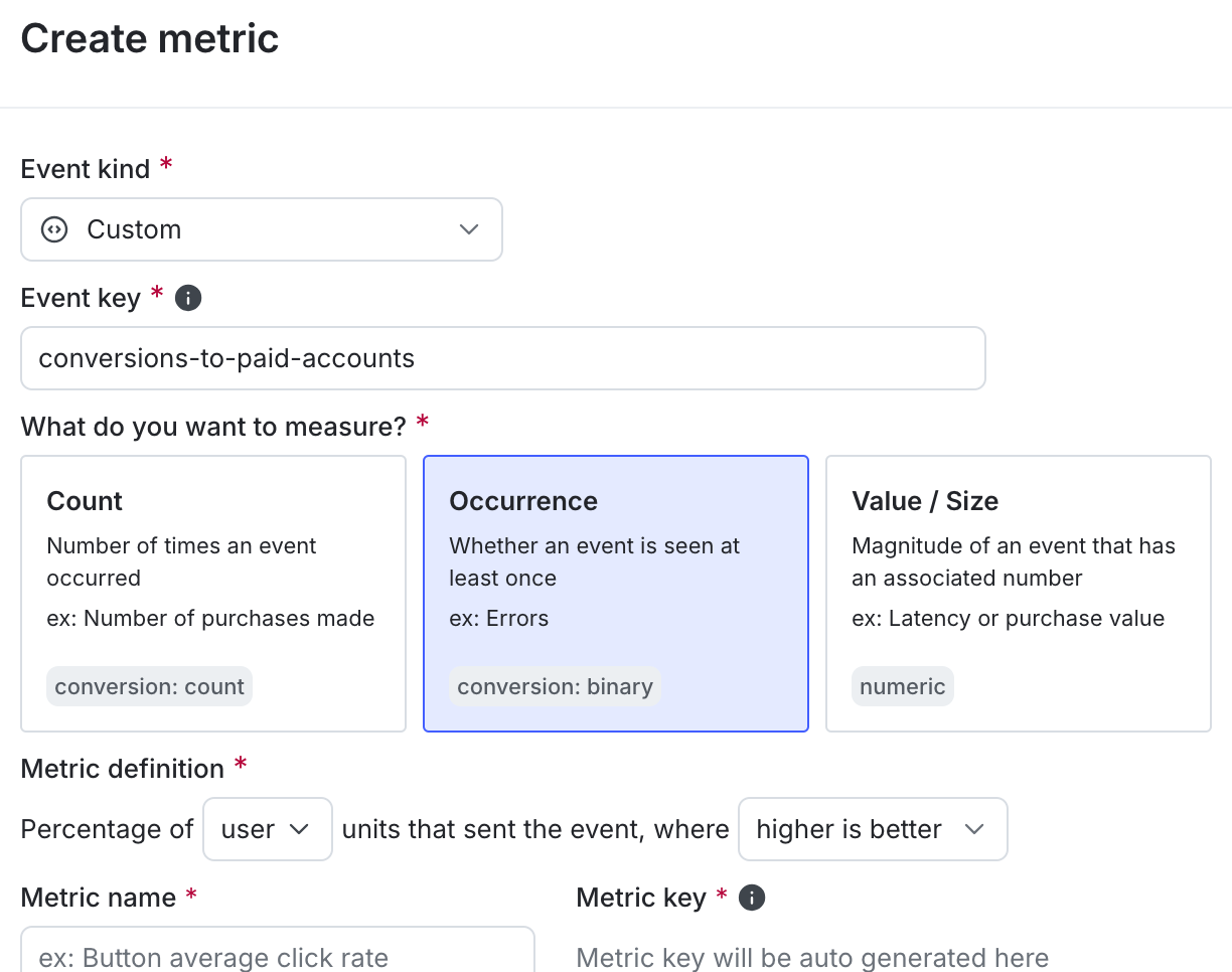 The "Create metric" dialog for a custom conversion binary metric.