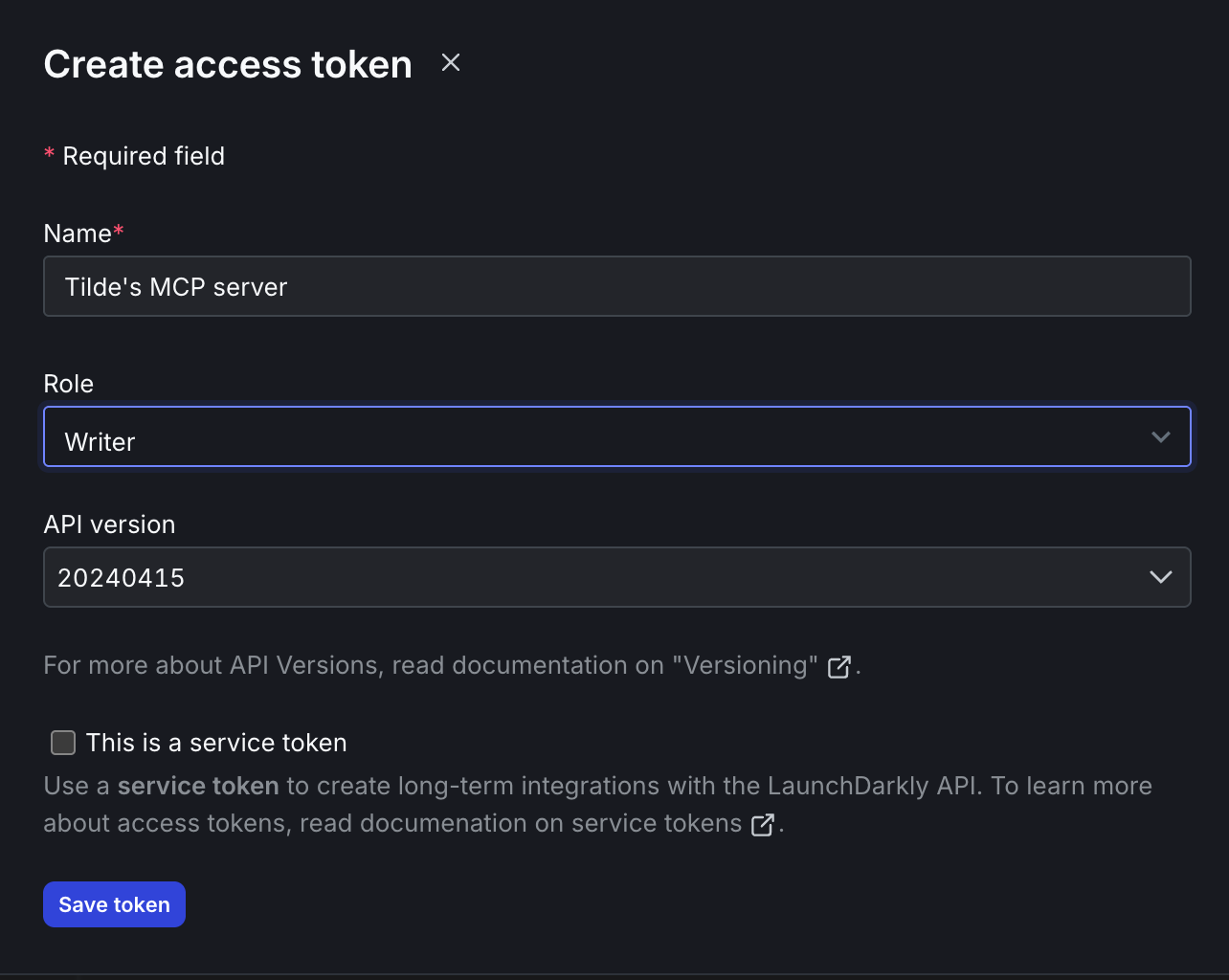 Dialog box showing how to create an API access token in the LaunchDarkly UI.