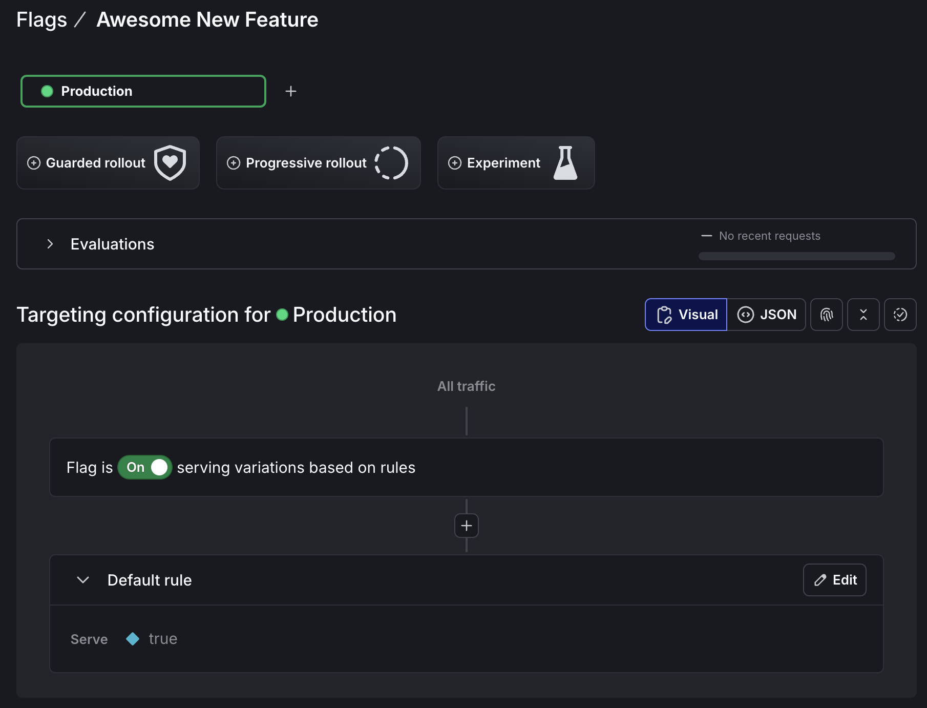 Screenshot of flag configuration in the LaunchDarkly UI. The flag is On, serving true to all users in the Production environment.