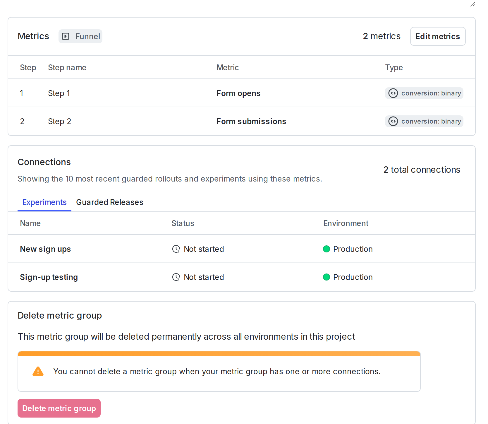 A metric group details page.