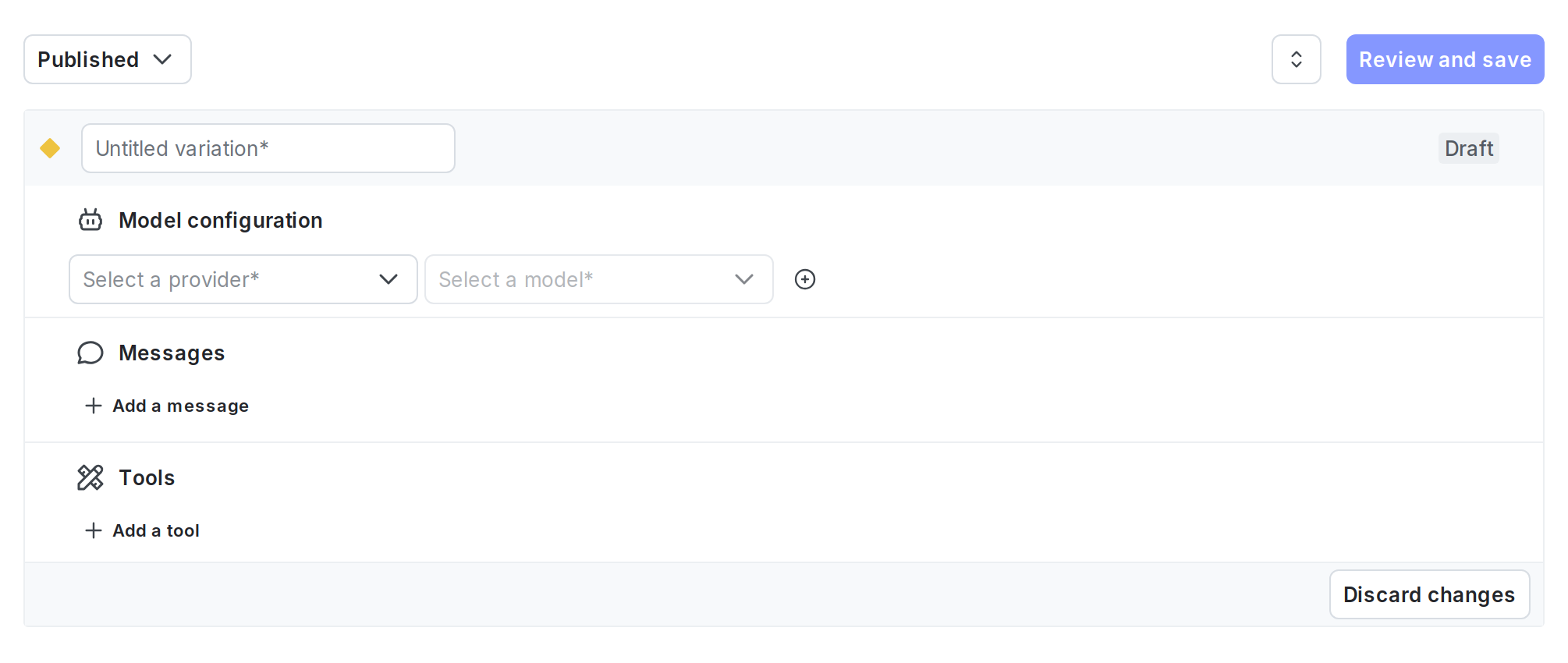 The Variations tab of a newly-created AI Config.