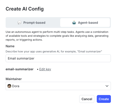 The "Create AI Config" dialog, with options for Prompt-based or Agent-based.