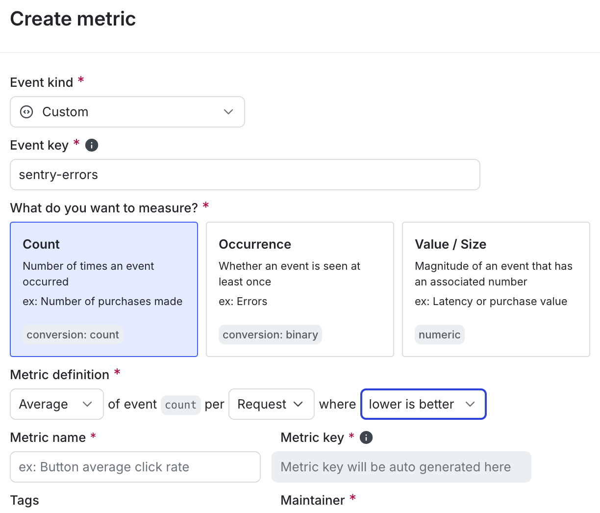 The metric creation dialog.