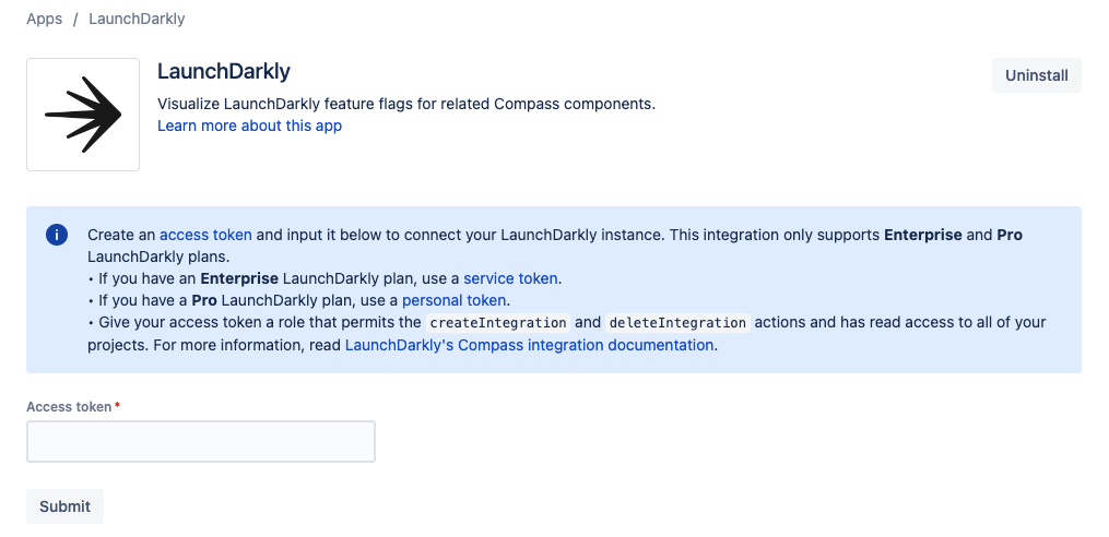 LaunchDarkly access token screen for Compass.