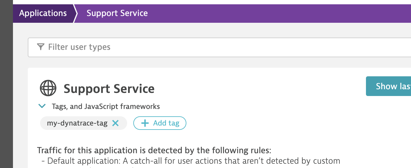 An application page in Dynatrace, with the "my-dynatrace-tag" added.