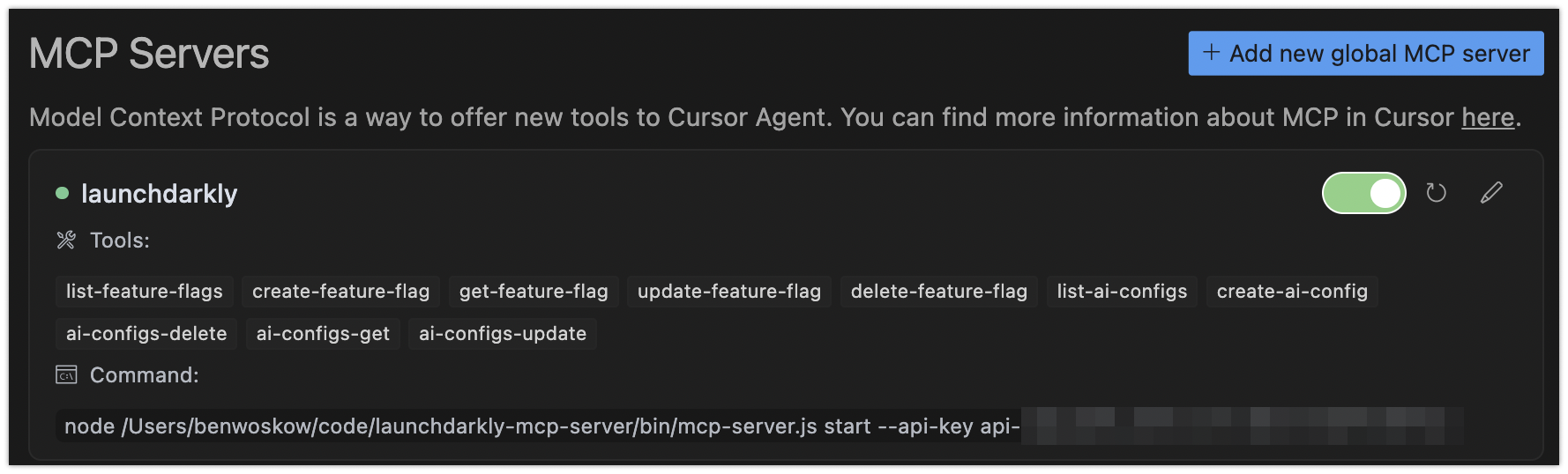 A list of MCP servers in Cursor, with the LaunchDarkly MCP server toggled on.
