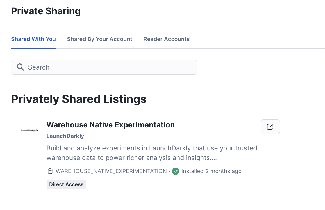 The LaunchDarkly app within Privately Shared Listings in Snowflake.