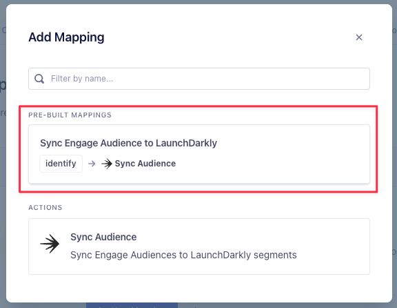 The "Add Mapping" modal in Twilio Segment with the "Sync Engage Audience to LaunchDarkly" mapping highlighted.