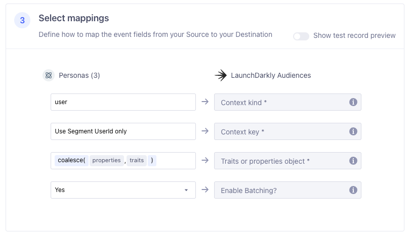 The "Select mappings" section of the "Edit: Sync Engage Audience to LaunchDarkly" in Twilio Segment configured with recommended settings.