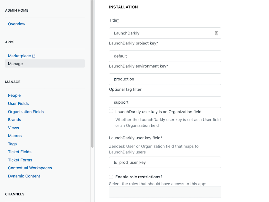 The LaunchDarkly application configuration page in Zendesk, configured with sample settings.