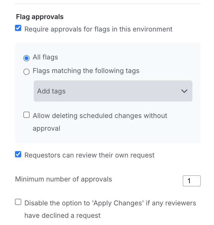 The Approval settings panel, showing the Flag approvals section.