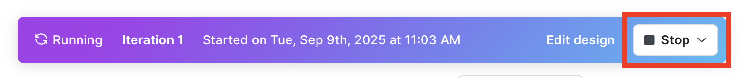 An experiment with the "Stop" button called out.
