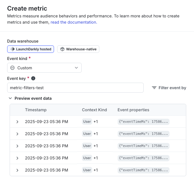 Event data preview with recent events in the Create metric dialog.