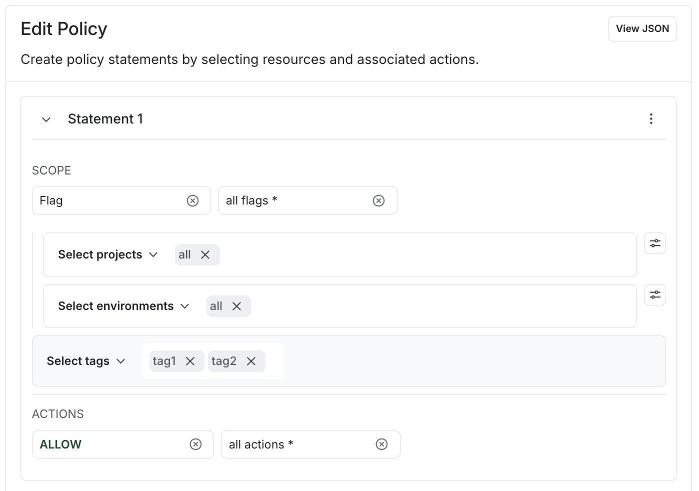 A policy allowing all actions for flags tagged "tag1" and "tag2."