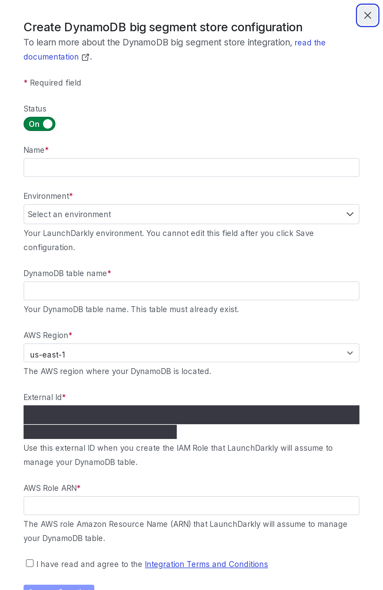 The "Create configuration" panel for a DynamoDB integration.