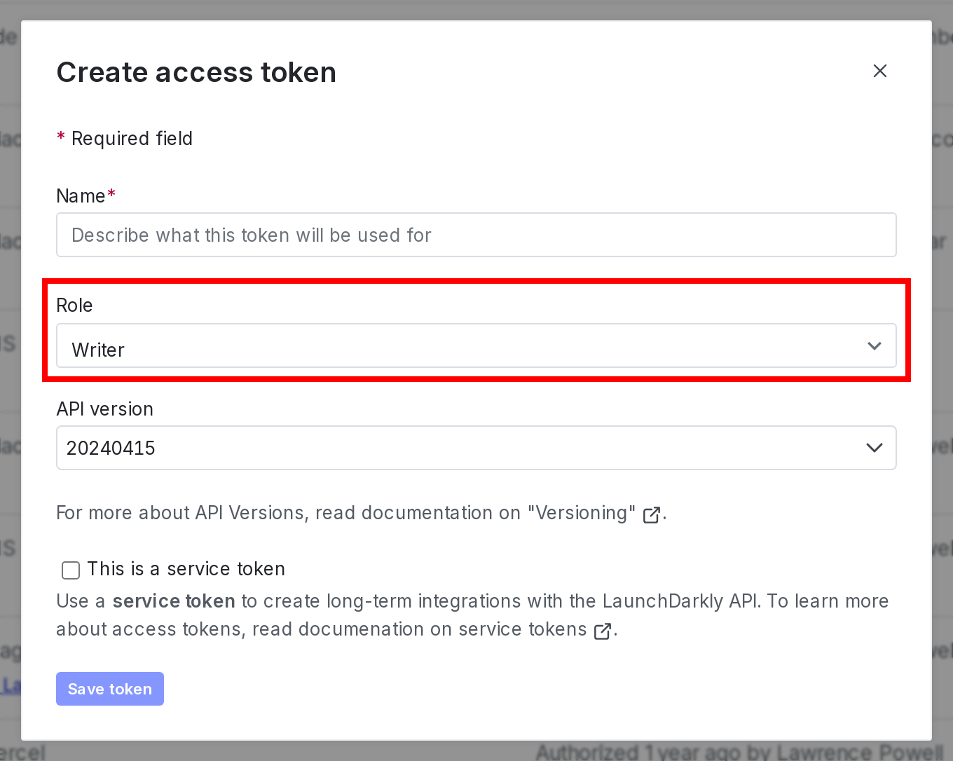 An access token with the Writer role called out.