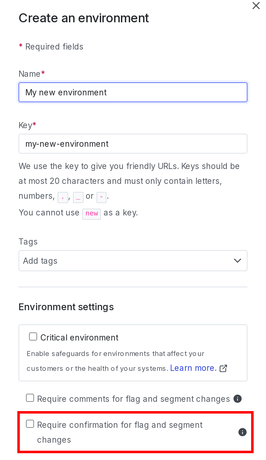 The "Create an environment" panel with the "Require confirmation" checkbox called out.