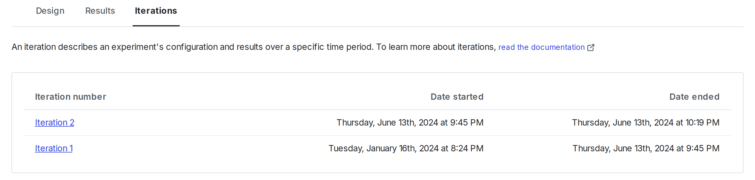 An experiment's "Iterations" tab.